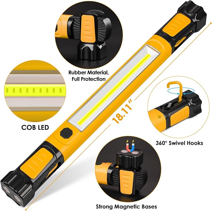 Work Light, 2500LM Bright LED Work Lights, 5200mAh Rechargeable Magnetic Underhood Work Light Bar with Hooks, Cordless Portable Work Lights for Mechanics for Car Repairing/Garage/Workshop/Emergency