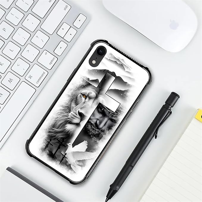 for iPhone XR Case, Lion Cross Jesus Christ Dove Pattern Graphic Design Girl Boy Soft Silicone Hard Acrylic Shock Protection for iPhone XR