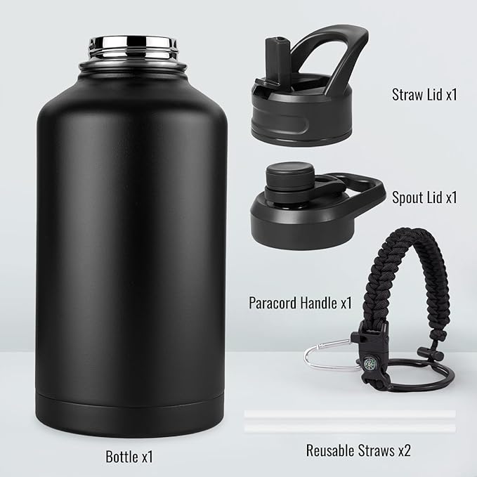 Fijinhom Gallon Water Bottle with 2 Lids (Straw & Spout), 304 Stainless Steel Water Jug with Handle and Wide Mouth, 1 Gallon Vacuum Double Walled Jug for Sports, Outdoors, Leak-Proof, Black 128 oz