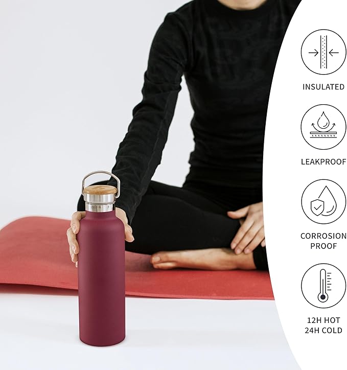 Bambaw 24 oz Insulated Water Bottle, Reusable Stainless Steel Water Bottles, Made of High-Grade Stainless Steel, Lightweight & Easy to Carry, Wide Mouth & Leak-Proof (Red Berry)