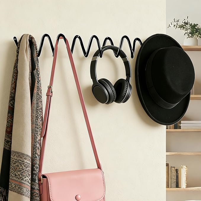 Black Wall Mounted Coat Rack, Decoration Wave Shaped Wall Hooks, Multi-Purpose Hooks for Coat, Hat, Bag, Umbrella, Heavy-Duty Metal Rail for Bedrooms, Living Rooms, Bathrooms(19.69" x 2.56")