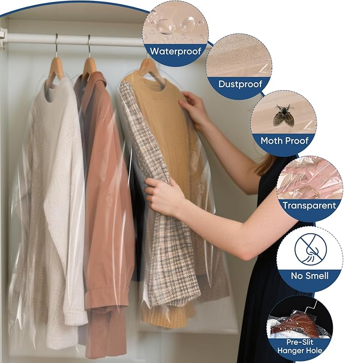 50 Pack 23.6"x40" Garment Bags for Hanging Clothes, Thick Clear Plastic Dry Cleaning Covers for Closet Storage & Travel