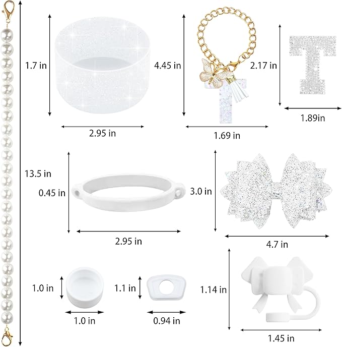 9PCS White for Stanley Cup Accessories Set Bling Initials Bow Charms for Stanley Decorations 30/40 Oz Tumbler Accessories Including Bow Straw Topper, Handle Strap, Spill Stopper（Letter T）