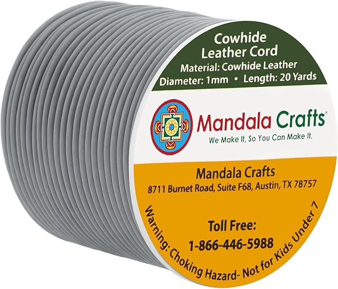 Mandala Crafts Round Cowhide Genuine Gray Leather Cord for Jewelry Making Kumihimo Leather Rope Spool - Gray String Lace - 20 Yds 1mm Cording