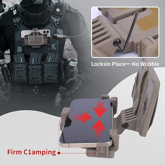 Tactical Gear Plate Carrier Vest Accessories, MOLLE Phone Chest Mount Holder for 6.0"-7.7" Screens, Quick-Release and Adjustable Tactical Phone Holder for Police Vest