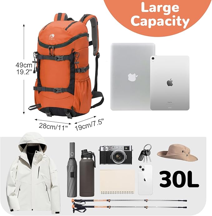 30L Skateboard Backpack for Men Women, Waterproof Hiking Backpack with Chest Strap for Camping Hunting, Lightweight Casual Travel Daypack for Skateboard Sport Outdoor, Orange