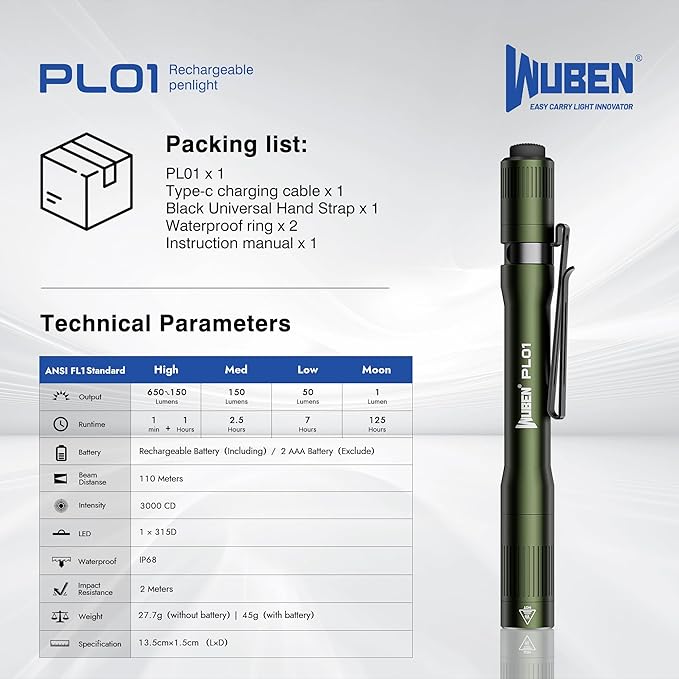 WUBEN PL01 Pen Light, 650 Lumens Pocket EDC Flashlight Rechargeable, Bright LED Pen Flashlight, IP68 Handheld Flash Lights, Compatible 2 AAA Battery for Home, Outdoor, Emergencies, Inspection