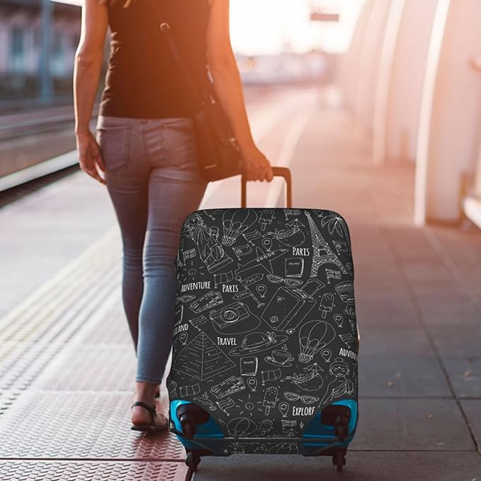 World Marks Luggage Cover for Suitcase and Luggage Tag Combination, Elastic Washable Anti-Scratch, Travel Adventure Explore Birthday Gift for Men Women (L 26-28 Inch Luggage)