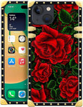 Compatible with iPhone 14 Case, Vector Red Rose Green Leaf Luxury Golden Decoration for Girl Women Soft TPU Shockproof Protective Hard PC Back for iPhone 14