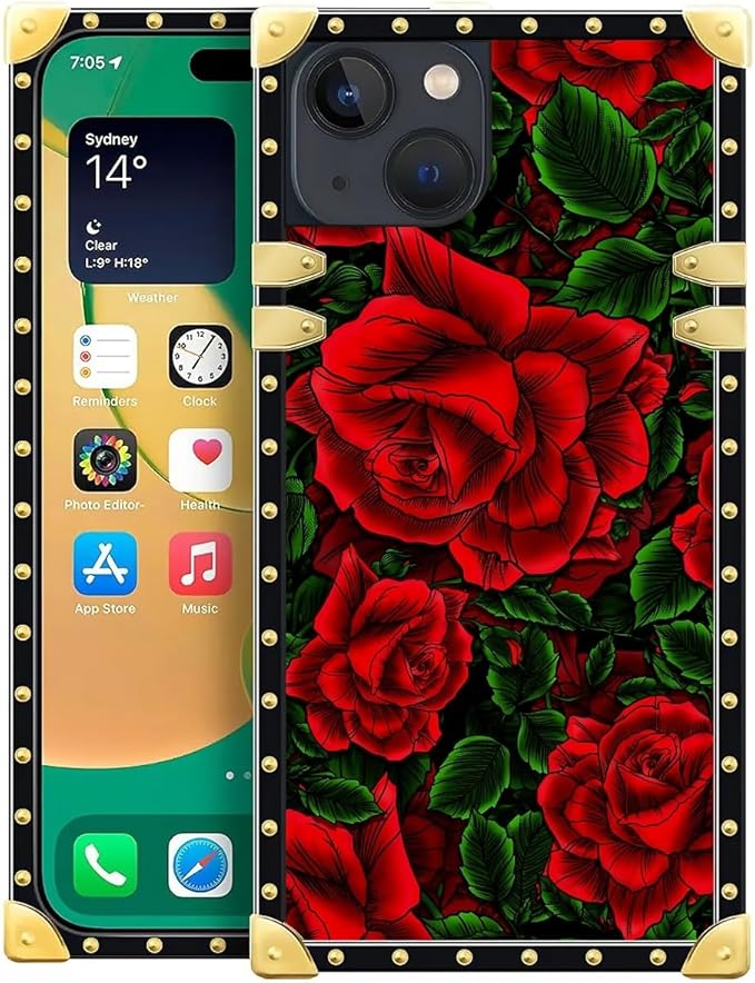 Compatible with iPhone 14 Case, Vector Red Rose Green Leaf Luxury Golden Decoration for Girl Women Soft TPU Shockproof Protective Hard PC Back for iPhone 14