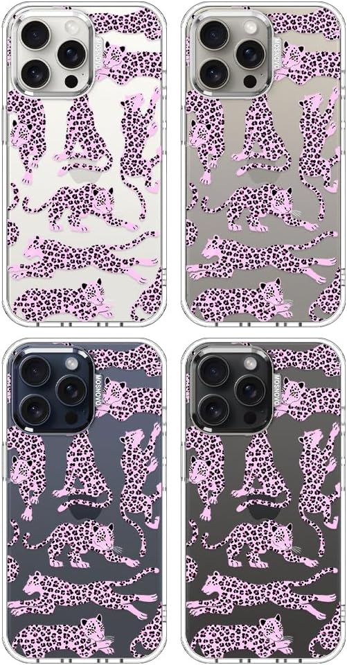 MOSNOVO Case for iPhone 15 Pro Max, [Buffertech 6.6ft Military-Grade Drop Protection] [Anti Peel Off Tech] Clear TPU Bumper Phone Case Cover Design - Pink Leopard