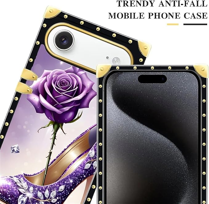 for iPhone 17 Air Case Luxury Golden Decoration for Girl Women Soft TPU Shockproof Protective Hard PC Back for iPhone 17 Air Crazy Pattern High Heeled Purple Diamond Rose