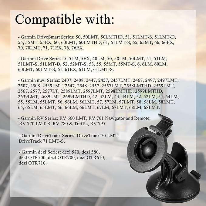 Windshield Suction Cup Bracket Cradle Complete Mount – Compatible Replacement for Garmin DriveSmart 50 51 61 65 70 76, Drive 51 55 60 61, nüvi 42 52 57 2539 2597 2689, RV 660 770, dēzl 570 580 OTR700