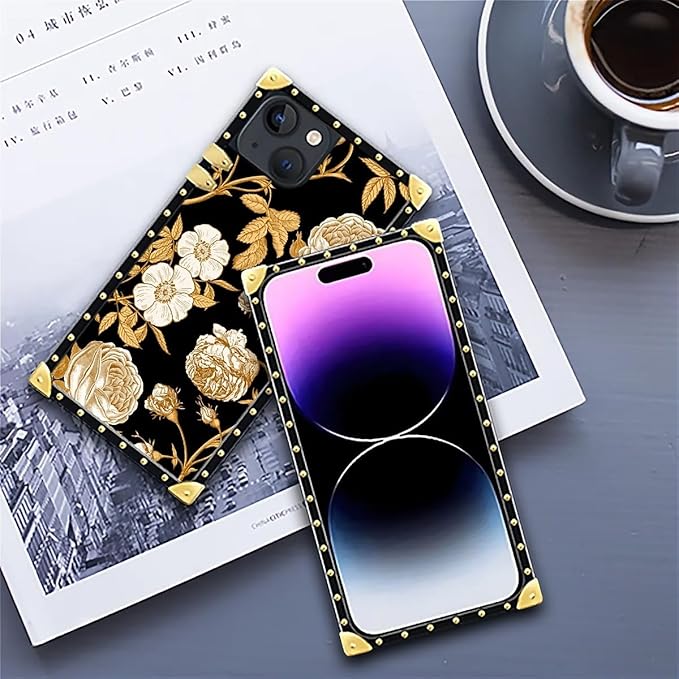 Compatible with iPhone 14 Case, Blooming Rose Golden Flower Luxury Golden Decoration for Girl Women Soft TPU Shockproof Protective Hard PC Back for iPhone 14