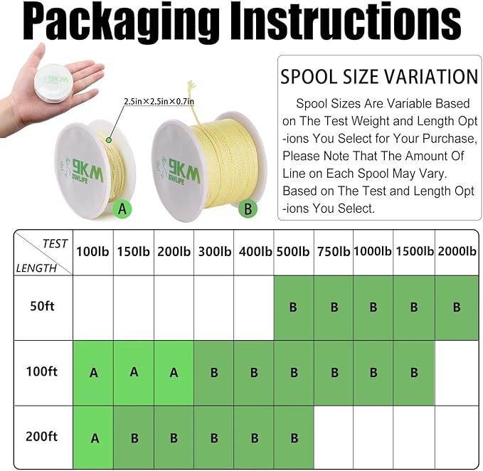 9KM DWLIFE Braided Kevlar Cord, 100lb~2000lb, High Tensile Strength, Abrasion, Flame Retardant, Kite String, Fishing Line, Model Rocket Shock, Tactical Survival Paracord