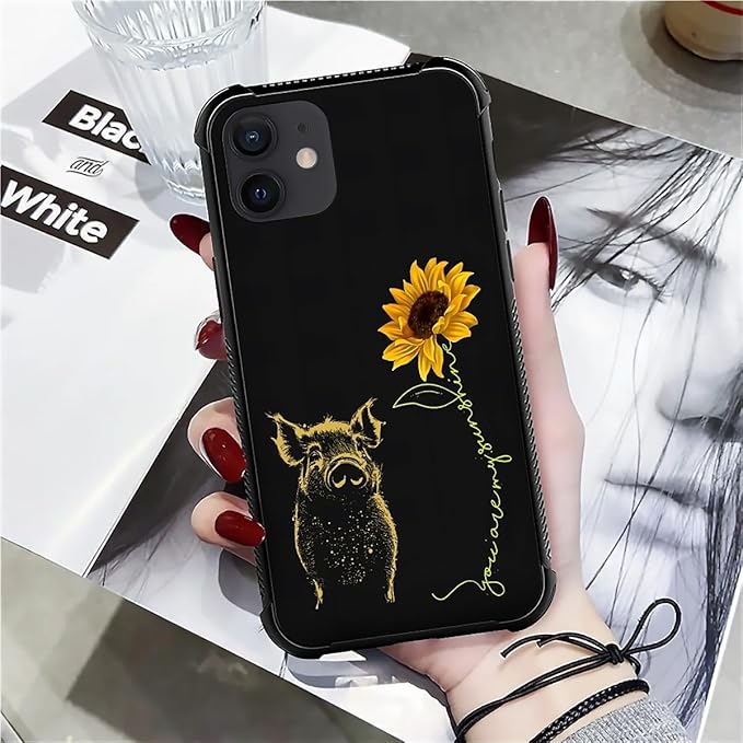 for iPhone 11 Case, Pig Sunflower Yellow Sunshine Pattern Graphic Design Girl Boy Soft Silicone Hard Acrylic Shock Protection for iPhone 11