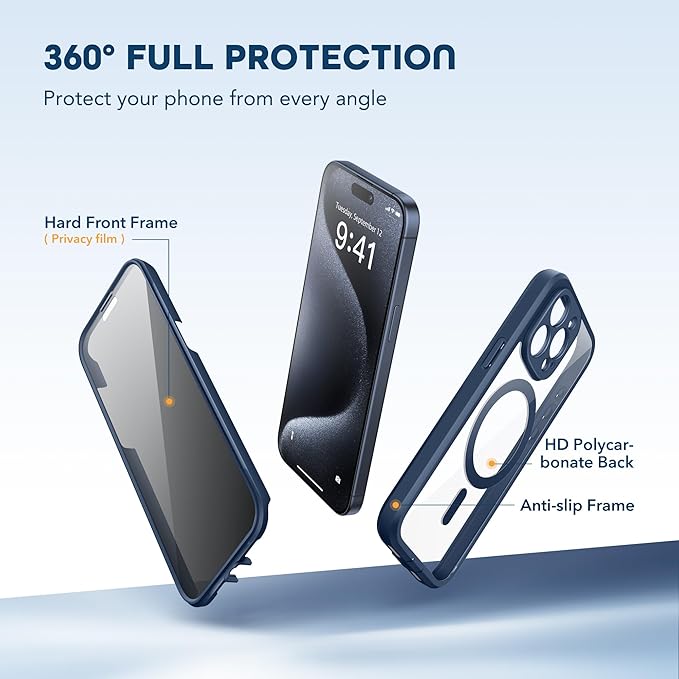 TIESZEN for iPhone 15 Pro Case, Compatible with MagSafe, Built-in Privacy Screen Protector and Camera Protection, Anti Spy Full Body Dustproof Shockproof Hard Phone Case 6.1", Dark Blue