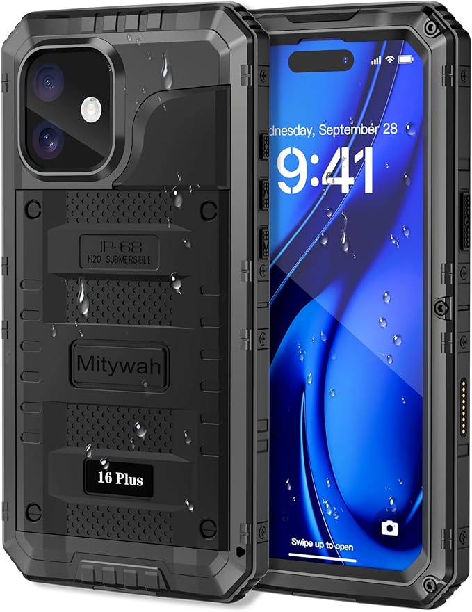 Mitywah Waterproof Case for iPhone 16 Plus, Shockproof Heavy Duty Case with Built-in Screen Protector, Underwater Full Body Protective Metal Case 6.7 inch, Black