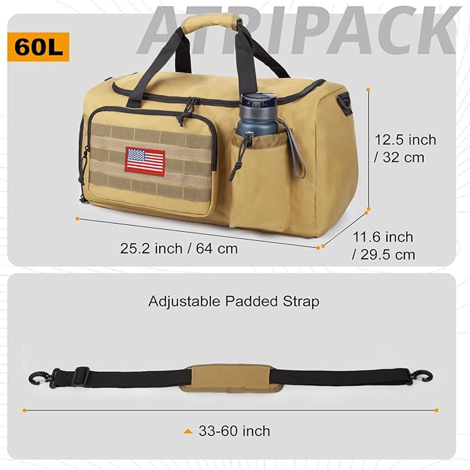Tactical Gym Bag for Men, 60L Large Capacity Duffle Bags with Shoes Compartment, Sports Bag with wet compartment, Multi-functional Weekend Bags Suitable for Travel, Camping,hiking