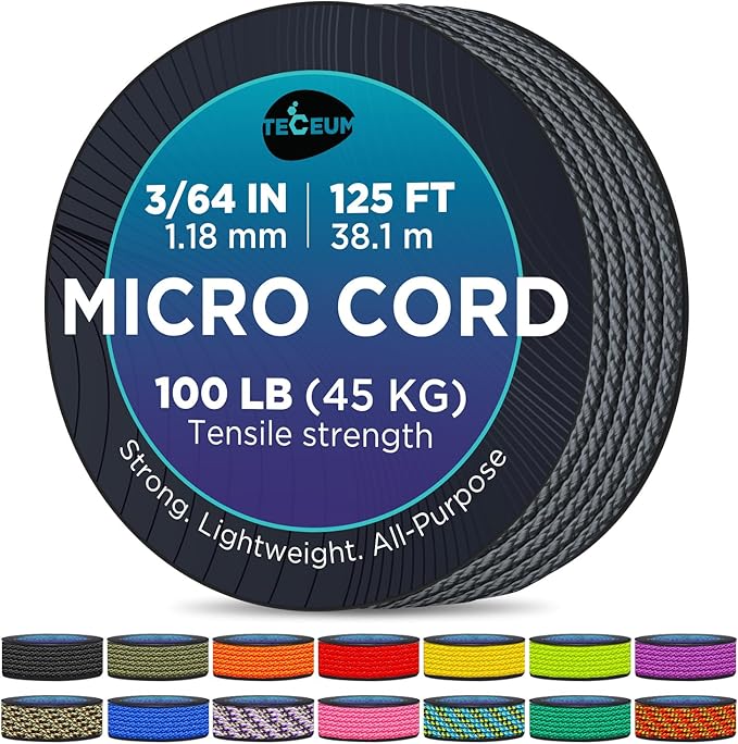 TECEUM Micro Paracord – 1.18 mm X 125 ft – Micro Utility Cord – Thin Braided Paracord Rope – Best for Crafting, DIY Projects, Fishing, Camping – Wind Chime Replacement – Survival Strong String