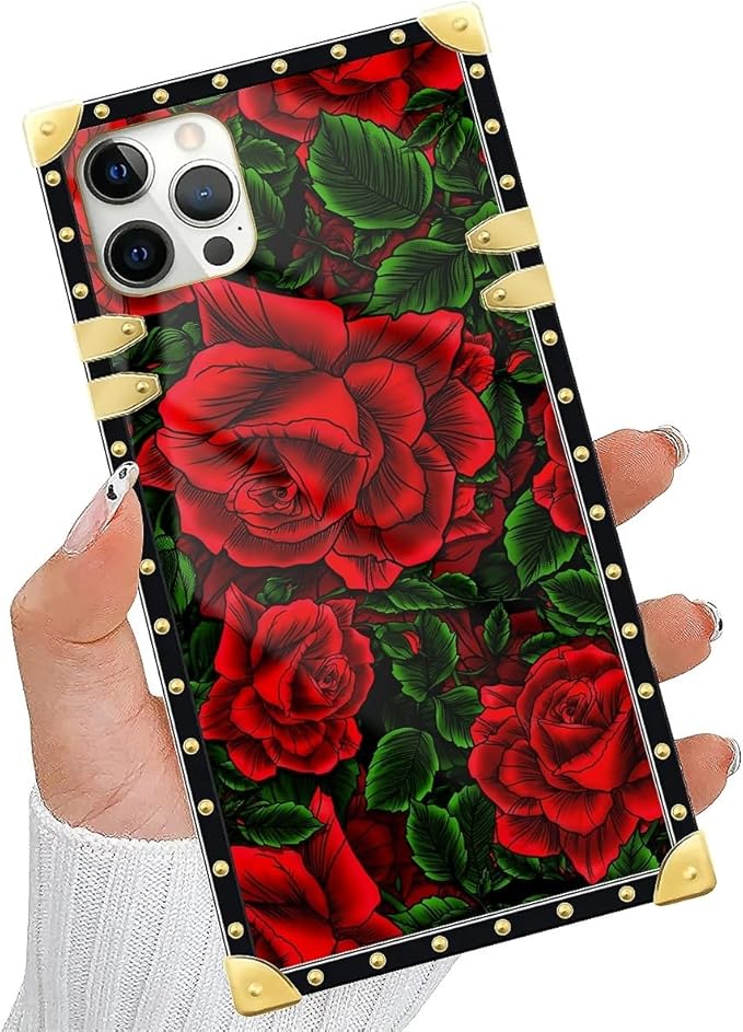 Compatible with iPhone 11 Pro Max Case, Vector Red Rose Green Leaf Luxury Golden Decoration for Girl Women Soft TPU Shockproof Protective Hard PC Back for iPhone 11 Pro Max