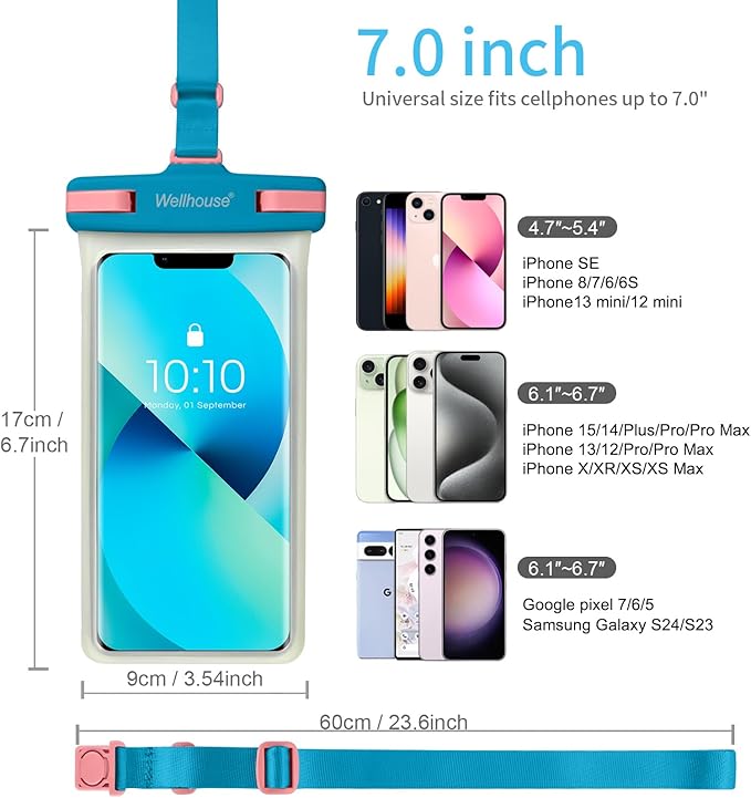 wellhouse Waterproof Phone Pouch, Waterproof Phone Case for iPhone 17 16 15 14 13 Pro Max XS Samsung, IPX8 3D Cellphone Dry Bag Beach Essentials (1 Pack - Luminous Blue7.0, 7 inch)