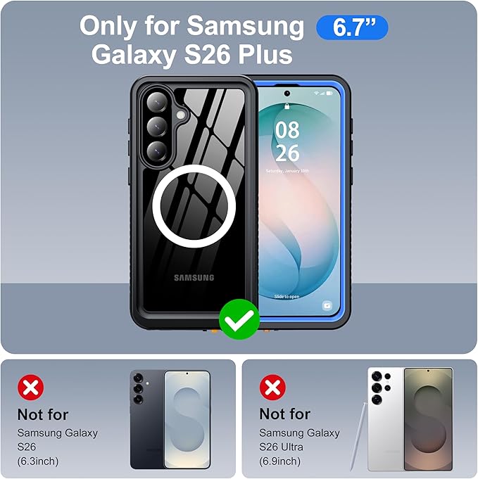 ANTSHARE IP68 Waterproof Case for Samsung Galaxy S26 Plus [2026] - MagSafe Compatible, Built-in Screen/Lens Protector - Shockproof Full Body Protection for Swimming/Outdoor, Blue/Clear
