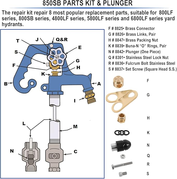 850 Sb Parts Kit Yard Water Hydrant Repair Rebuild Kit & 8842 Plunger Fit for Simmons 800LF 800SB 4800LF 5800LF 6800LF Series Frost Proof Landscape Outdoor Yard Hydrant