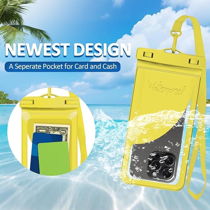 Universal Waterproof Phone Case,with Inside Card, Certified and Lightweight Waterproof Cellphone Pouch Under Water Beach Accessories for iPhone 17 16 15 14 13 Pro Max, 1 Pack-Yellow-8.3″