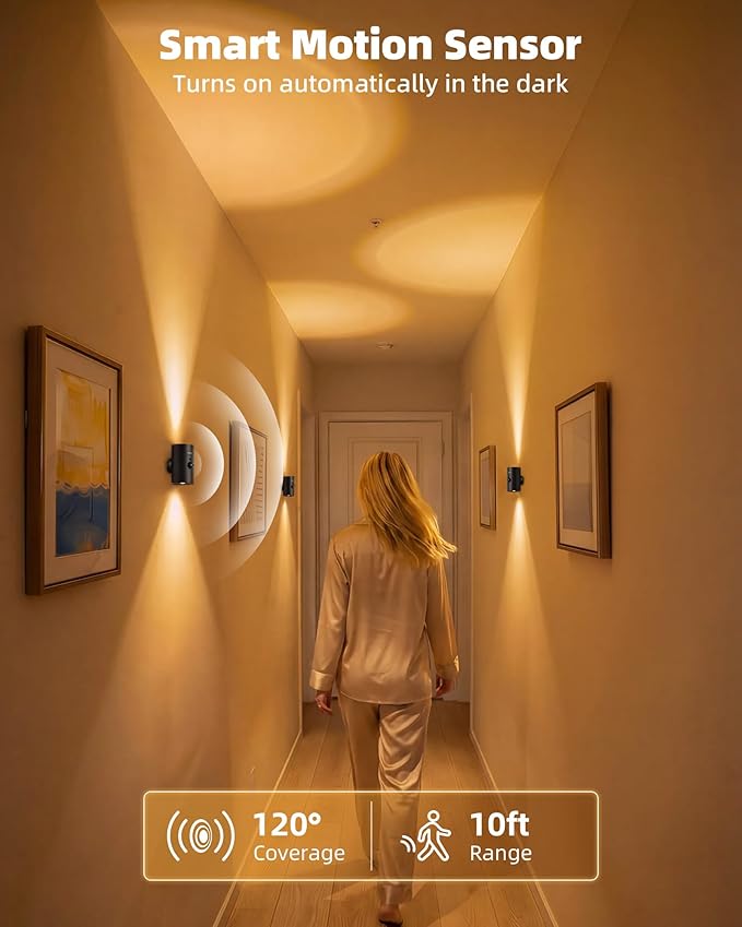 EZVALO Motion Sensor Wall Sconce with Remote, 4000mAh Rechargeable Battery Operated Wall Light, 3 CCT & 12 RGB Colors, Up & Down LED Lighting for Hallway, Stairway (Black, 1 Pack)