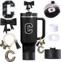 6pcs Black Stanley Cup Accessories Set, Bow Straw Topper for Stanley Cup 30oz 40oz, Including Straw Topper and Bow Silicone Boot, Stoppers Spill Proof, Handle Charm, Initials Sticker