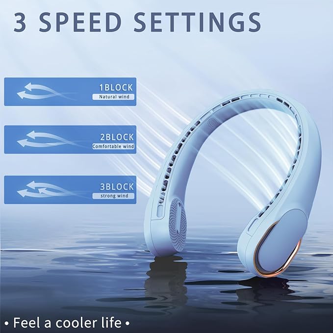 ASNUG Neck Fan, Bladeless Neck Fan, USB Rechargeable Personal Fan, 4000 mAh Battery Operated Wearable Fan, 3 Speeds Adjustable,Faster Cooling, Ultra Quiet, Suitable for Home, Office, Travel, Sports