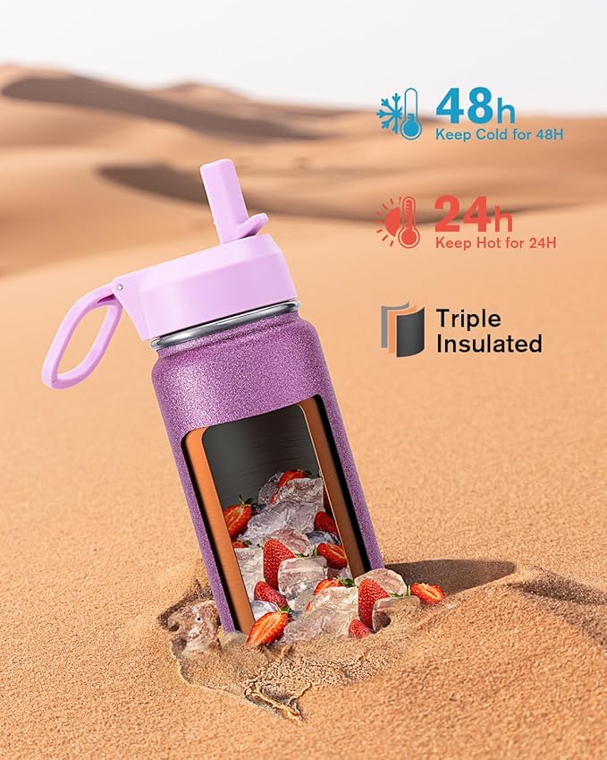 Coolflask Water Bottle 24 oz Insulated with Straw, Stainless Steel Metal 3 Lids Water Flask Wide Mouth for Sports or Office, Non-BPA Keep Cold Up to 48 Hrs or Hot Up to 24 Hrs, Glitter Pink