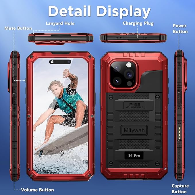 Mitywah Waterproof Case for iPhone 16 Pro, Shockproof Heavy Duty Case with Built-in Screen Protector, Underwater Full Body Protective Metal Case 6.3 inch, Red