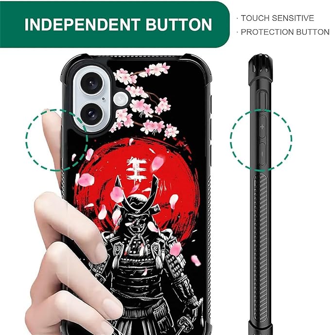 for iPhone 16 Case, Sakura Japanese Samurai Pattern Graphic Design Girl Boy Soft Silicone Hard Acrylic Shock Protection for iPhone 16