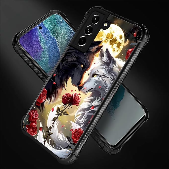 for Samsung Galaxy S22 Case, Black White Wolf Moon Flower Rose Pattern Graphic Design Girl Boy Soft Silicone Hard Acrylic Shock Protection for Samsung Galaxy S22