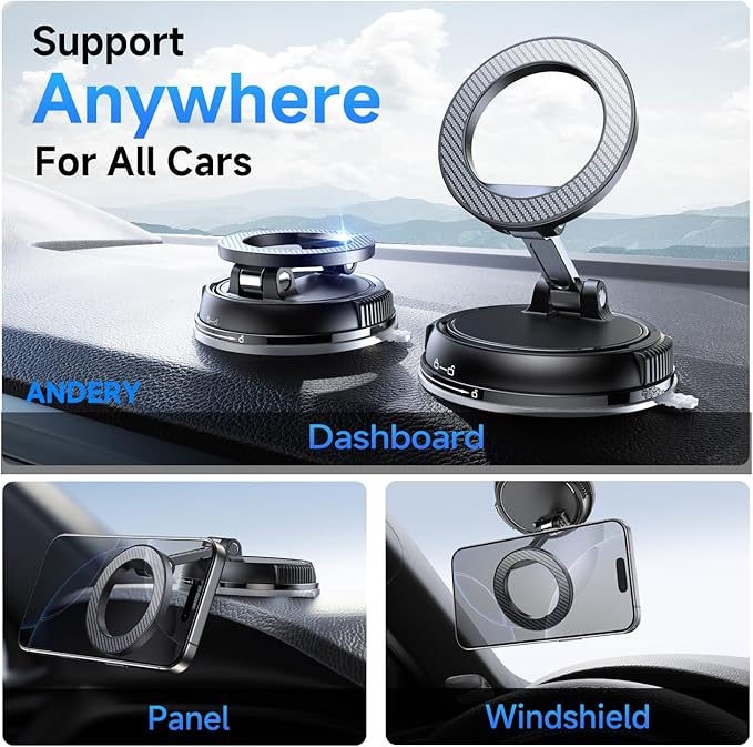 ANDERY Car Phone Holder for Magsafe [78+LBS Strongest Suction & 2400gf Magnetic] 360° Adjustable Car Phone Mount, Phone Holders for Your Car for iPhone 17-12 Pro Max Plus Air, Carbon Fiber