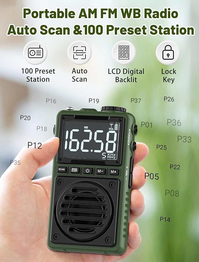 Digital AM FM Weather Band Radio with Flashlight,850mAh Rechargeable Portable Pocket Radio with Best Reception,LCD Screen, Back Clip,Stereo Earphone Jack, SOS Alarm,Sleep Timer for Jogging,Walking