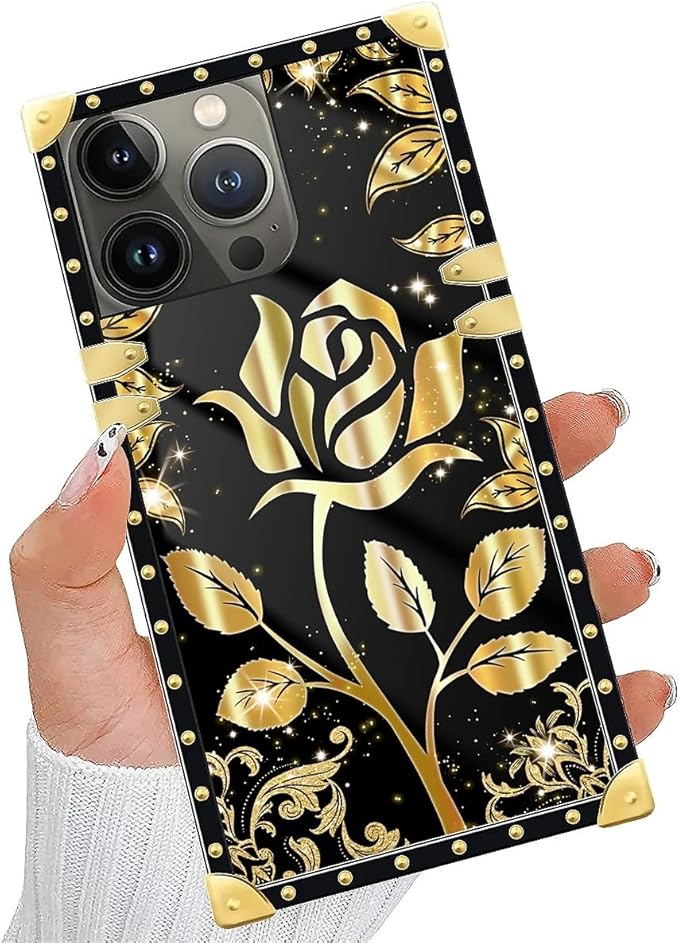Compatible with iPhone 14 Pro Max Case, Shine Gold Rose Luxury Golden Decoration for Girl Women Soft TPU Shockproof Protective Hard PC Back for iPhone 14 Pro Max