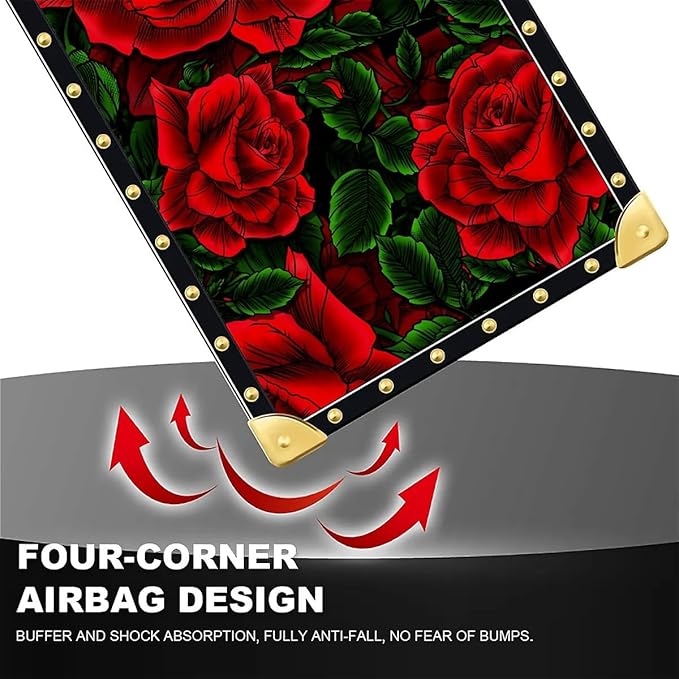 Compatible with iPhone 16 Plus Case, Vector Red Rose Green Leaf Luxury Golden Decoration for Girl Women Soft TPU Shockproof Protective Hard PC Back
