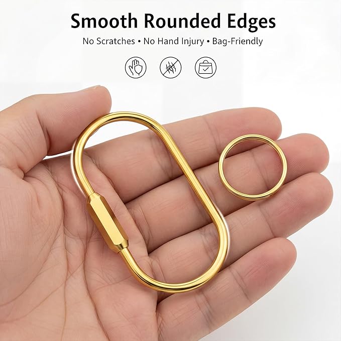 Tiezzi 6 Pack Gold Carabiner Key Ring Clip,Premium Brass Screw Locking Keychain Holder for Backpacks,Cute Bag Charms for Handbags & Purses,Durable Key Chain Hooks Accessories for Women & Men