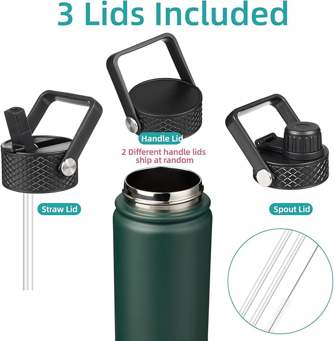 Konokyo Insulated Water Bottle 24oz Stainless Steel Sport Bottles with 3 Lids,Army Green