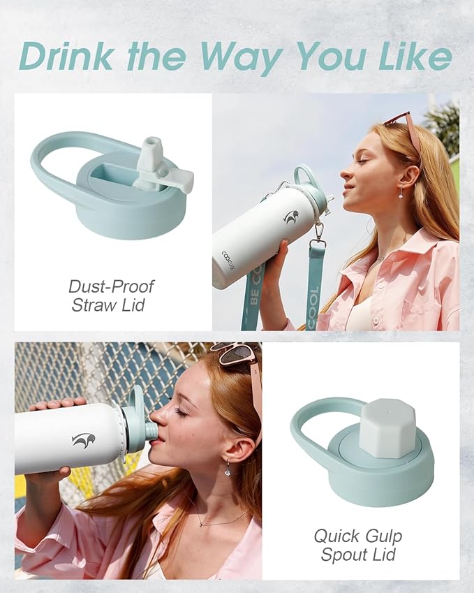 Coolflask Water Bottle with Straw, 32 oz Insulated Metal Water Flask with Straw & Spout Lids, Stainless Steel Double Wall Vacuum, Keep Cold 48h Hot 24h, Leak Proof, BPA-Free, Glacier White