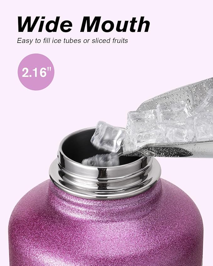 Coolflask Half Gallon Water Bottle Insulated with Straw & 3 Lids, 64 oz Water Jug Large Metal Stainless Steel Wide Mouth for Sports, Gym or Office, Non-BPA Keep Cold 48H Hot 24H, Glitter Pink