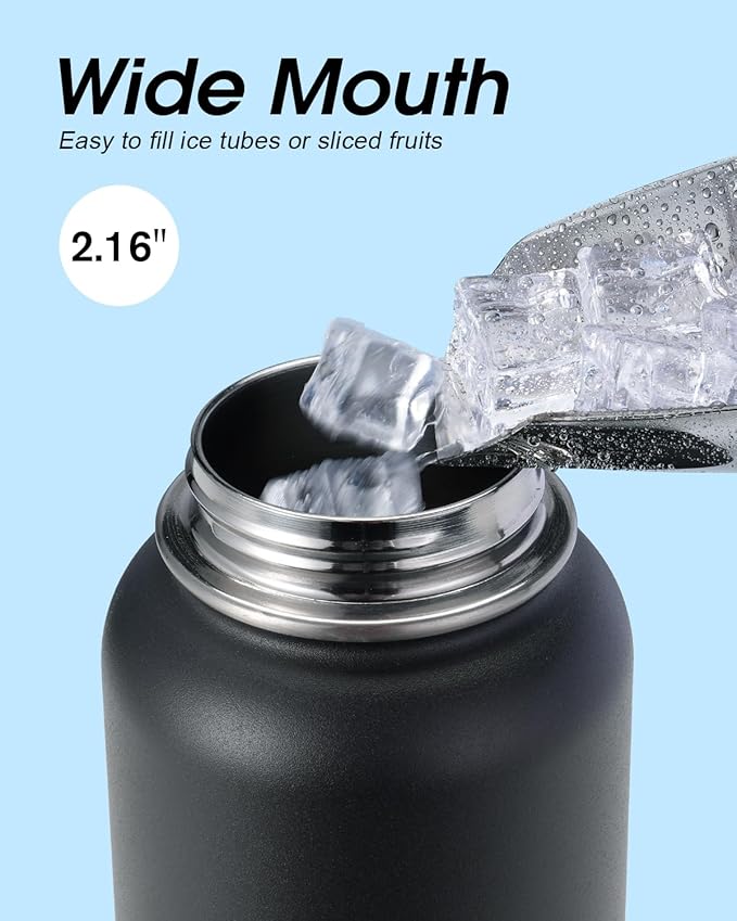 Water Bottle 32 oz Insulated with Straw, Coolflask Stainless Steel Metal 3 Lids Water Flask Wide Mouth for Sports or Office, Non-BPA Keep Cold Up to 48 Hrs or Hot Up to 24 Hrs, Magic Black