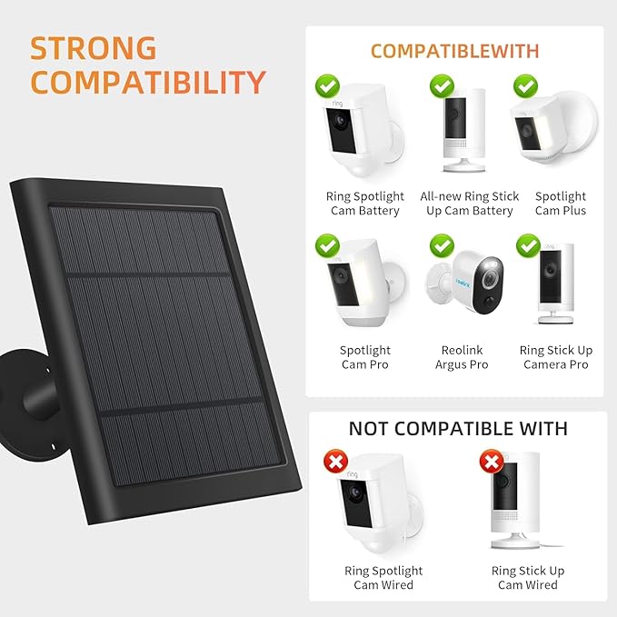 Paodekua 2 Pack 4W Solar Charger for Ring Spotlight & Stick Up Outdoor Cam, Black, High Efficiency, 10FT/3M Long Cable with USB-C to Ring Barrel Plug
