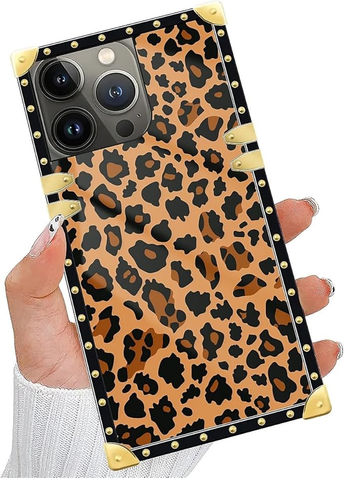 Compatible with iPhone 14 Pro Max Case, Brown Leopard Texture Luxury Golden Decoration for Girl Women Soft TPU Shockproof Protective Hard PC Back for iPhone 14 Pro Max