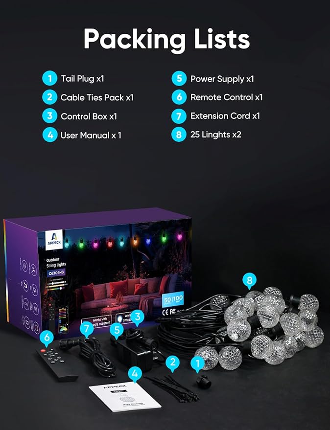 APPECK Outdoor String Lights 100ft, RGBW Color Changing Patio Lights with 50 Dimmable LED Bulbs, 111 Scene Modes, IP65 Waterproof Lighting for Outside, Party, Backyard, Pool, Compatible with Alexa