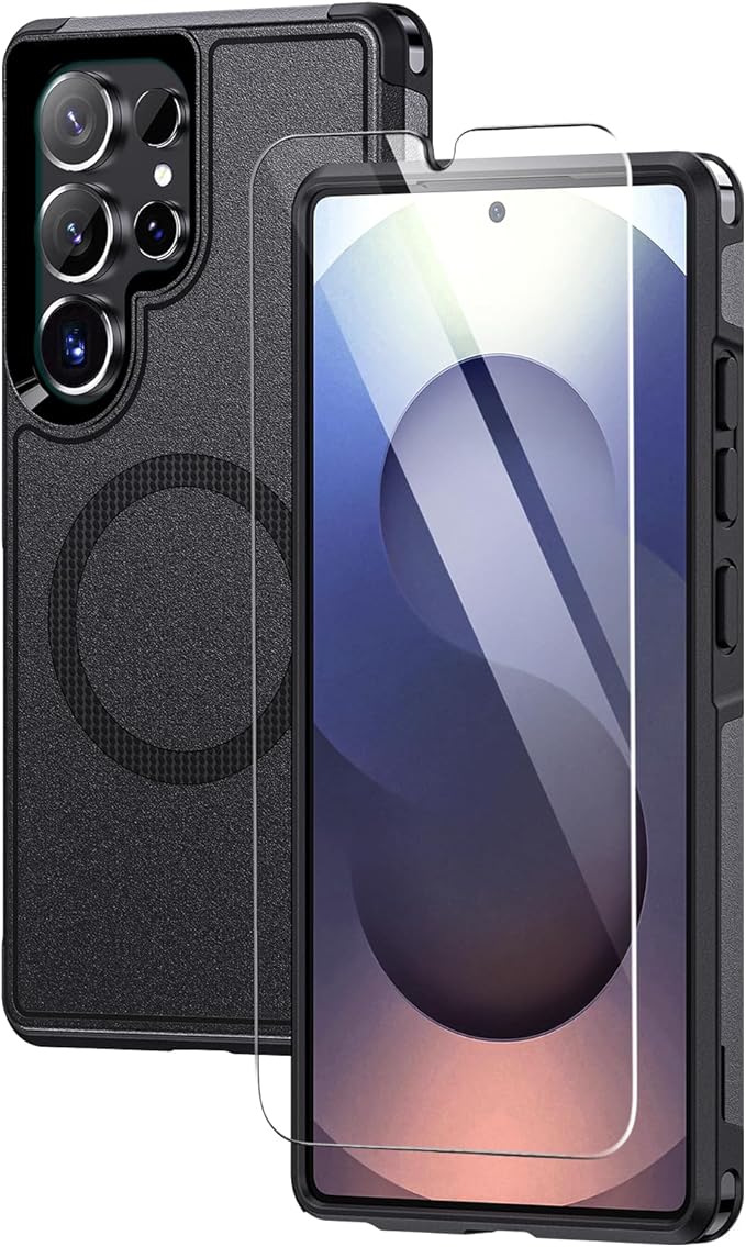 Lanhiem Magnetic for Samsung Galaxy S25 Ultra Phone Case with Tempered Glass Screen Protector, Shock Absorption, Anti-Scratch Shockproof Case Cover for Samsung S25 Ultra, Black