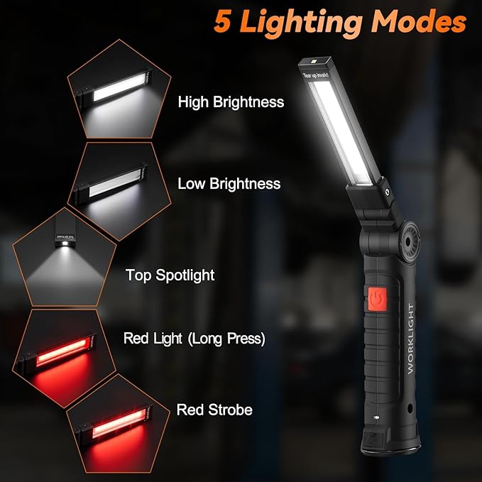 Magnetic Work Light 6Pack, Rechargeable LED Work Light with 360° Rotation, 5 Mode Mechanic Light, Compact Rechargeable Flashlight with Hook for Car Repairing, Emergency, Fathers Day Dad Gifts